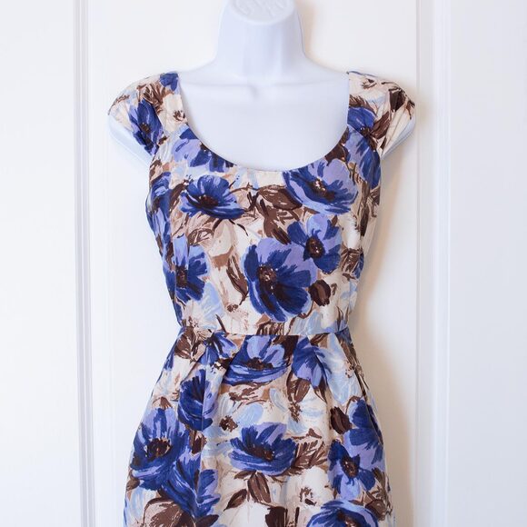 Sz 0 Silk Floral Brush Stroke Blue Brown Mini Dress Cap Sleeve Banana Republic - Picture 2 of 10